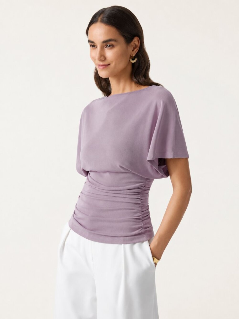 NWT OGL Sandwashed Boatneck Batwing Sleeve Side Ruched Top Blush Pink S - Picture 2 of 13